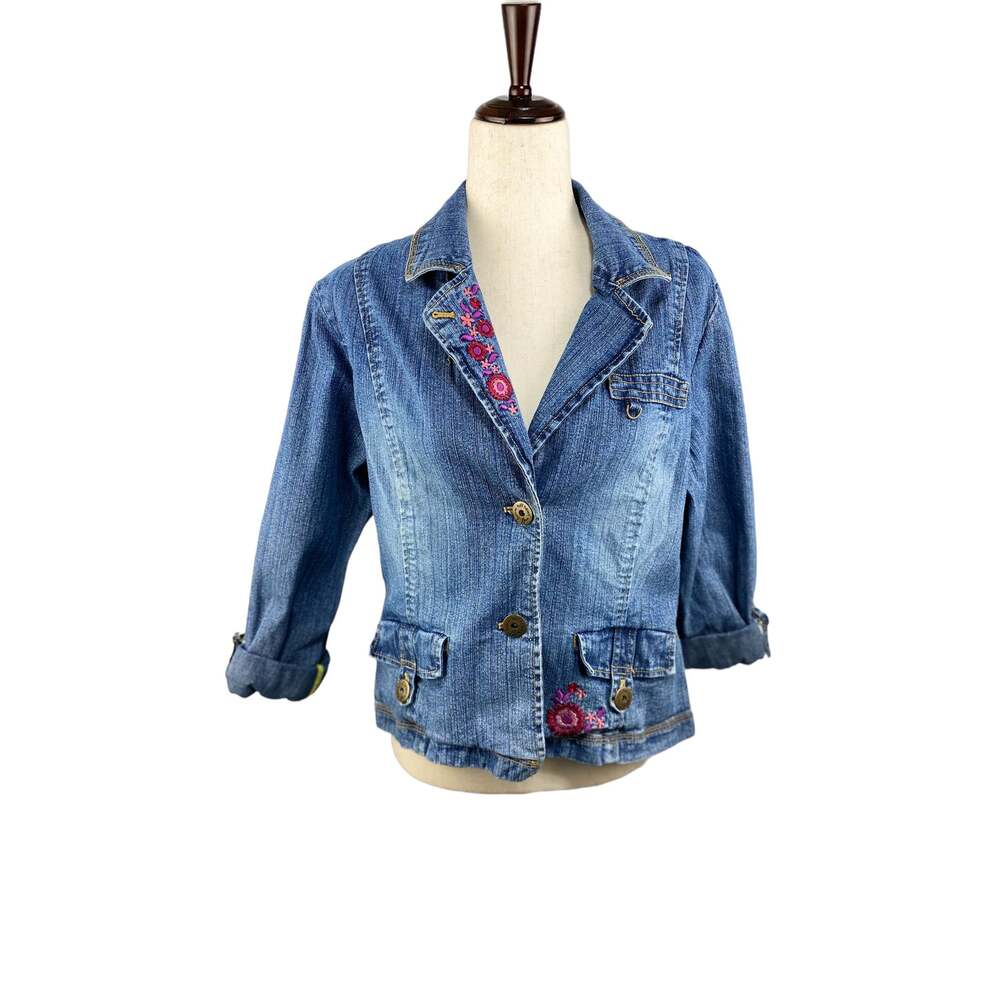 Vintage Ruff Hewn Floral Embroidered Denim Jean Jacket Size L